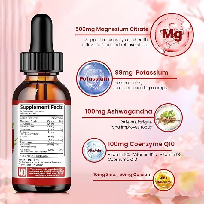Potassium Magnesium Citrate Supplement, Liquid Magnesium Citrate Drops 500mg with Ashwagandha, Calcium, Zinc, Vitamin D3, ...