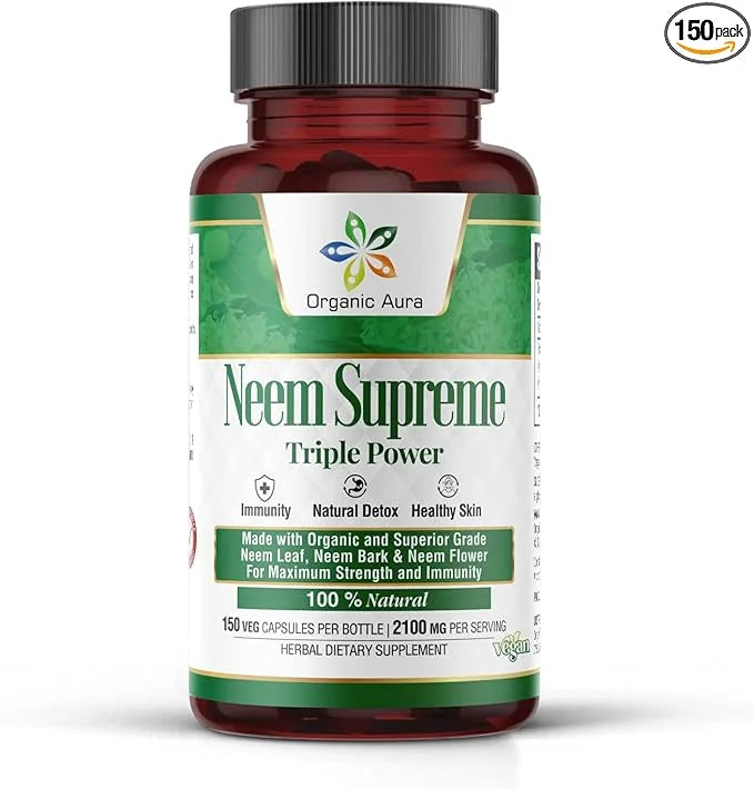 Organic Aura Neem Supreme Capsules. 150 Veg Capsules. Triple Complex - Max Strength Pure High-Potency Azadirachta Indica C...