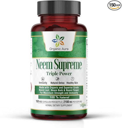 Organic Aura Neem Supreme Capsules. 150 Veg Capsules. Triple Complex - Max Strength Pure High-Potency Azadirachta Indica C...
