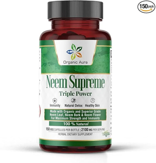 Organic Aura Neem Supreme Capsules. 150 Veg Capsules. Triple Complex - Max Strength Pure High-Potency Azadirachta Indica C...