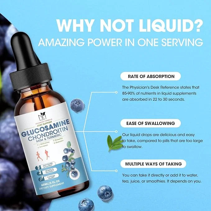 Glucosamine Chondroitin Liquid Drops with MSM Turmeric Boswellia Quercetin Bromelain-Vegan, Antioxidant Support for Back,K...
