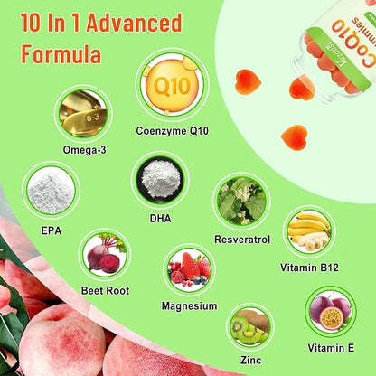 High Absorption CoQ10 Gummies 250mg, Plus Omega-3, Magnesium, B12 for 5X Better Q10 Supplement- 60Cts