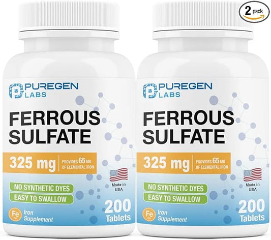 Puregen Labs Ferrous Sulfate 325 mg (65 mg Elemental Iron) High Potency Iron Supplement | No Artificial Color Additives - ...