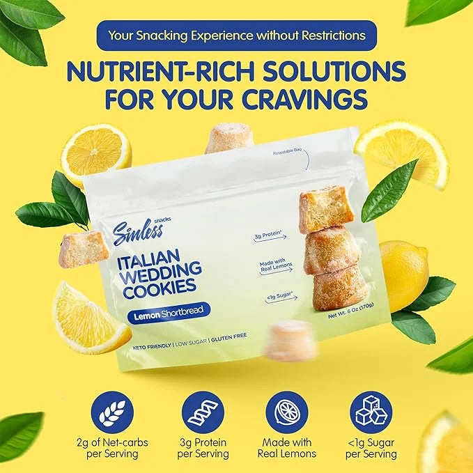 SINLESS SNACKS Keto Cookies Snack, Italian Wedding Lemon Cookies, Zesty Lemon Shortbread Cookies, Gluten-Free Italian Cook...