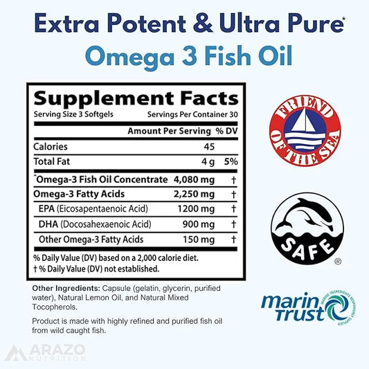 Arazo Nutrition Wild Caught Omega 3 90 Soft 4,080mg High 1200mg DHA 900mg Lemon