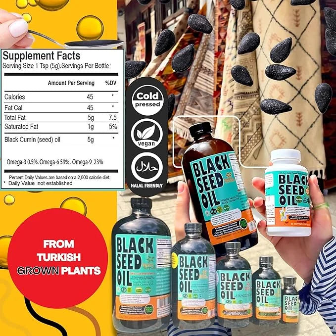 Black Seed Oil 8 Oz - Premium Nigella Sativa Cold-Pressed Turkish Black Cumin Oil - High Strength 3X Thymoquinone - Natura...