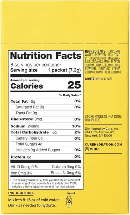 Cure Hydration | Plant-Based Electrolyte Drink Mix | No Added Sugar | FSA & HSA | Dehydration Relief Powder Made with Coco...