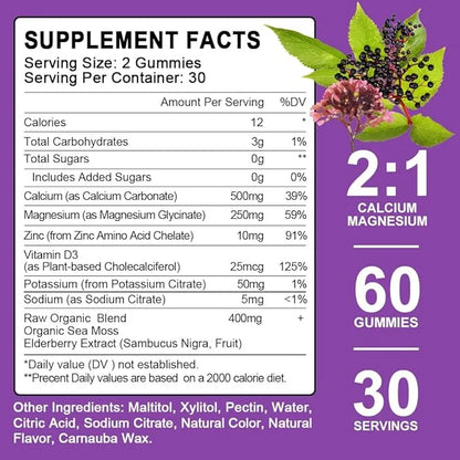 Calcium Magnesium Zinc Gummies witn Elderberry 2:1, Contains D3, for 60 Gummies(3 Gummies(3 Packs)
