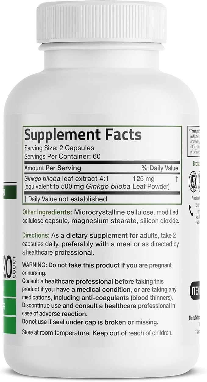 Bronson Ginkgo Biloba Extra Strength Supports Brain Function & Memory Support, 120 Vegetarian Capsules - Product Image