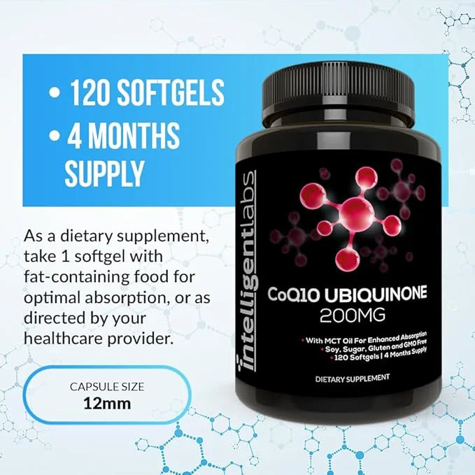 Intelligent Labs CoQ10 Ubiquinone 200mg Softgels | Coenzyme Q10 with MCT Oil for Max Absorption | Soy, Sugar, Gluten, and ...