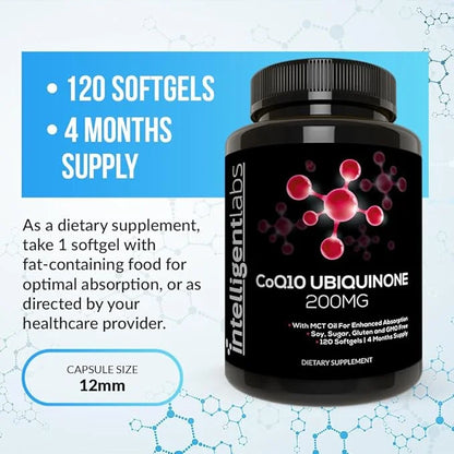 Intelligent Labs CoQ10 Ubiquinone 200mg Softgels | Coenzyme Q10 with MCT Oil for Max Absorption | Soy, Sugar, Gluten, and ...