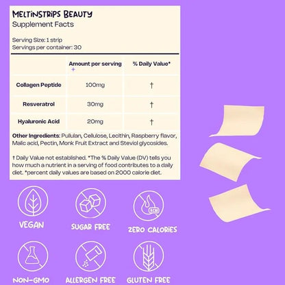 Beauty Oral Strips with Collagen, Hyaluronic Acid, Resveratrol, 3-in-1 Oral Dissolving Strips for Skin Hydration & Health ...