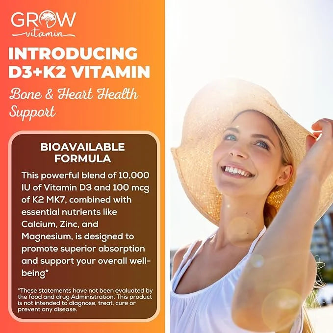 grow vitamin D3 K2 w/MCT Oil - 10,000 IU D3, 100 mcg K2 MK7, Calcium, Zinc, BioPerine, Magnesium for Superior Absorption -...