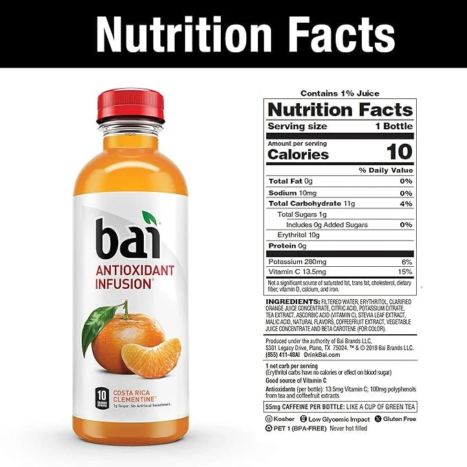 Bai Flavored Water, Costa Rica Clementine, Antioxidant Infused Drinks, 18 Fluid Ounce Bottle (Pack of 12) - Product Image