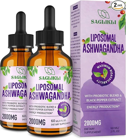 Liposomal Ashwagandha Liquid Drops 2000mg, Ashwagandha (7% Withanolides) 4 FL.OZ (2 Bottle)