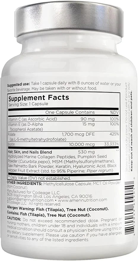 Amen Biotin Collagen Vitamins+ Advanced Hair, 10,000mcg Biotin, 3-Month Supply, 90 Capsules