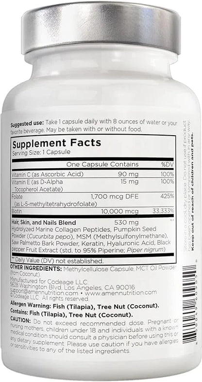 Amen Biotin Collagen Vitamins+ Advanced Hair, 10,000mcg Biotin, 3-Month Supply, 90 Capsules