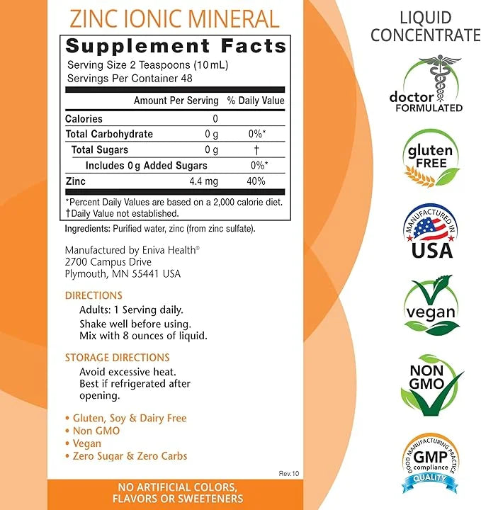 Eniva Health Liquid Ionic Zinc Supplement (16oz) Immune Health, Vision, Skin. Doctor Formulated. NO Calories. NO Sugar. Pe...