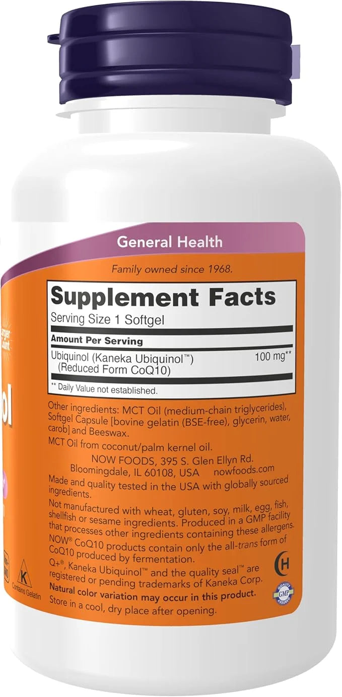 NOW Supplements, Ubiquinol 100 mg, High Bioavailability (the Active Form of CoQ10), 120 Softgels - Product Image