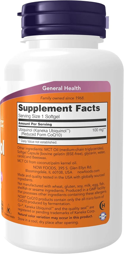 NOW Supplements, Ubiquinol 100 mg, High Bioavailability (the Active Form of CoQ10), 120 Softgels - Product Image