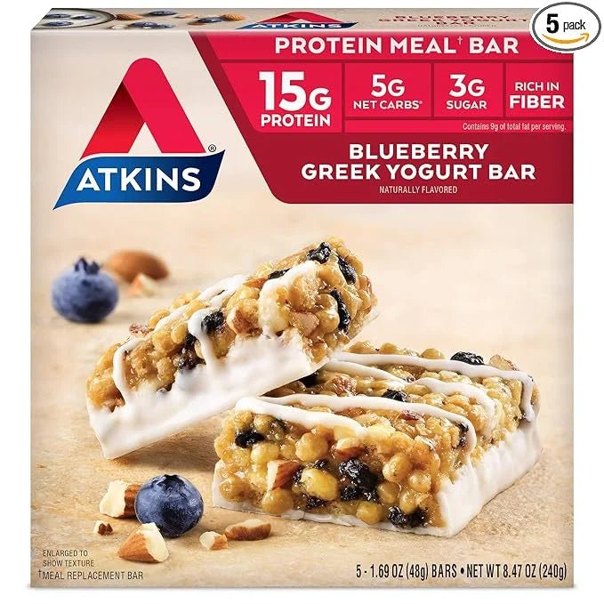 Atkins Blueberry Greek Yogurt Protein Meal Bar, High Fiber, 15g Protein, 3g Sugar, 5g Net Carbs, Meal Replacement, Keto Fr...