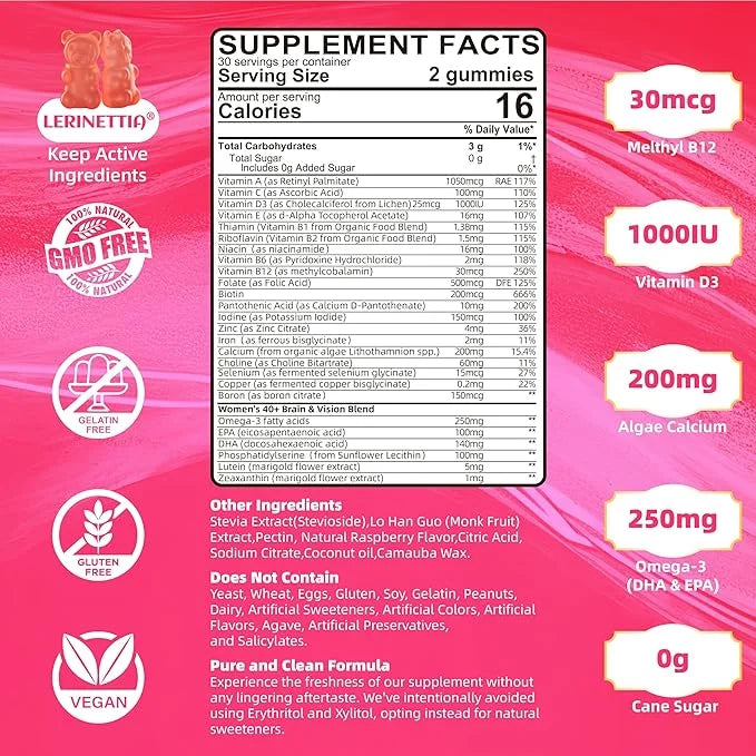 Multivitamin for Women Gummies for 40+ Omega-3,Niacinamide,B-Complex,Lutein,Iron,Choline, Phosphatidylserine,Vitamin D3 fo...