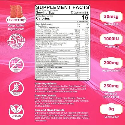 Multivitamin for Women Gummies for 40+ Omega-3,Niacinamide,B-Complex,Lutein,Iron,Choline, Phosphatidylserine,Vitamin D3 fo...