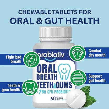 Oral Probiotics for Mouth Bad Breath 7 Billion CFU - Chewable Dental Probiotics for Teeth and Gums, Fresh Breath Freshener...