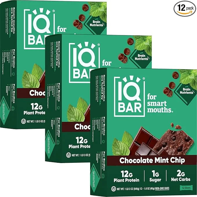 IQBAR Brain and Body Plant Protein Bars - Chocolate Mint Chip - 36-Count Low Carb - Gluten Free, High Fiber, Vegan Snacks ...