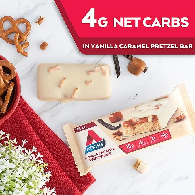 Atkins Vanilla Caramel Pretzel Protein Meal Bar, High Fiber, 2g Sugar, 4g Net Carbs, Meal Replacement, Keto Friendly, 5 Co...