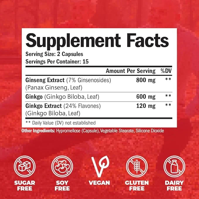 Ginseng & Ginkgo Biloba Supplements. Extra 800mg + 600mg + 120mg.30 caps