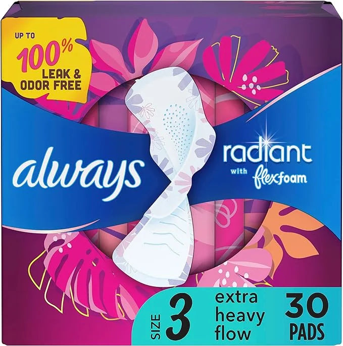 Always Radiant Feminine Pads for Women, 3 Extra 30 CT