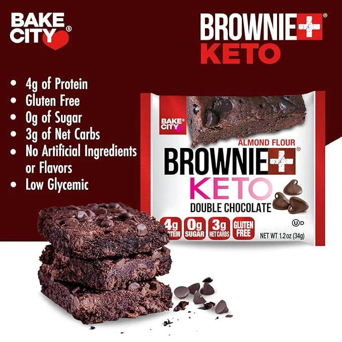 Bake City Brownie+ Keto | 1.2oz Brownie (12 pack), Gluten Free, 0g Sugar, Only 3g Net Carbs, Good Fats, 4g Protein, Kosher...