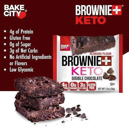 Bake City Brownie+ Keto | 1.2oz Brownie (12 pack), Gluten Free, 0g Sugar, Only 3g Net Carbs, Good Fats, 4g Protein, Kosher...