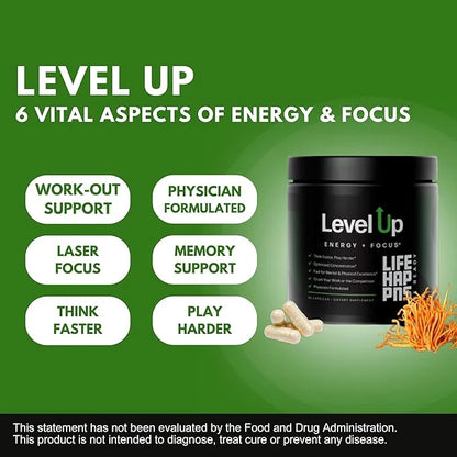 Life Happns Level Up Energy and Focus Supplement with Lions Mane, Ginkgo Biloba, L Theanine, Cordyceps Mushroom, Vitamin B...