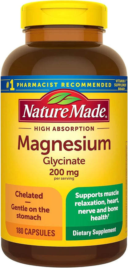 Nature Made Magnesium Glycinate 200 mg per serving, Magnesium Supplement for Muscle, Heart, Nerve and Bone Support, 180 Ma...