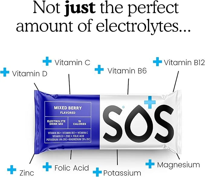 SOS Hydration Electrolyte Powder Packets, Mixed Berry Flavor, 8 Stick Packs – Low-Calorie, Rapid Rehydration, Made in USA,...