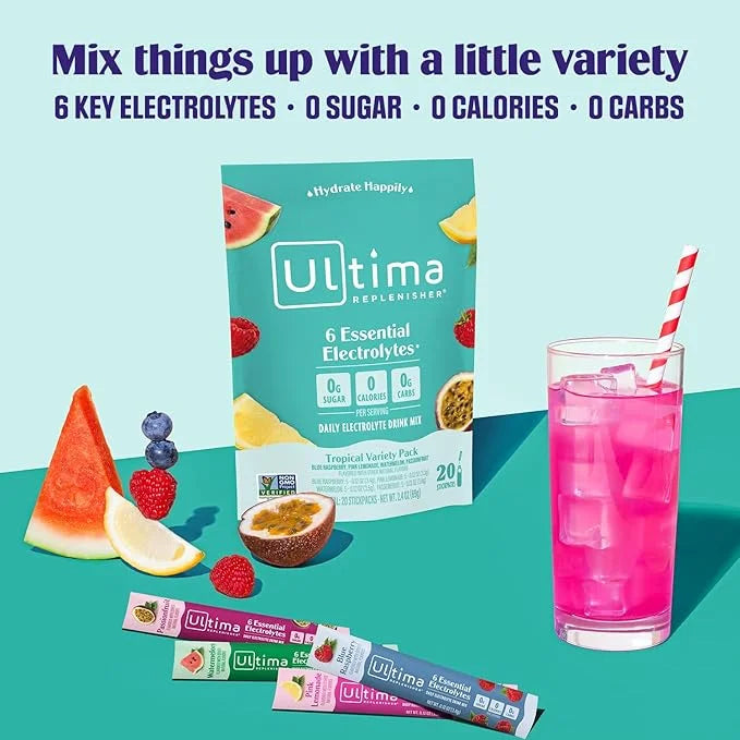 Ultima Replenisher Daily Electrolyte Powder Drink Mix – Tropical Variety, 20 Stickpacks – Hydration Packets with 6 Electro...