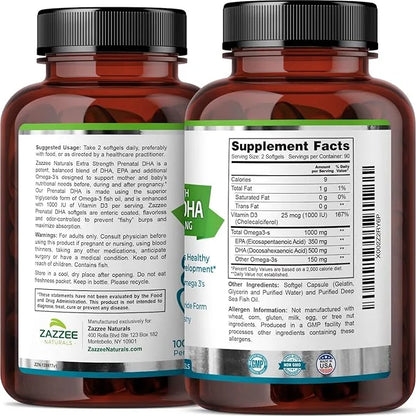 Zazzee Extra Strength Prenatal DHA 500 180 Enteric 1000 mg 3’s, 1000 1000 UI D3, Burp