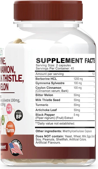 ClarinBeauty Premium Berberine 1200mg Ceylon Cinnamon 100mg Tumeric 50mg Milk 50mg Bitter 50mg Artichoke 50mg with 90 Caps...
