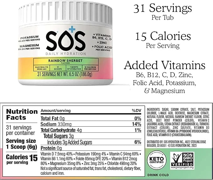 SOS Hydration Electrolyte Powder, Rainbow Sherbert Flavor, 31 Servings – Low-Calorie, Zero Sugar, Rapid Rehydration, Made ...