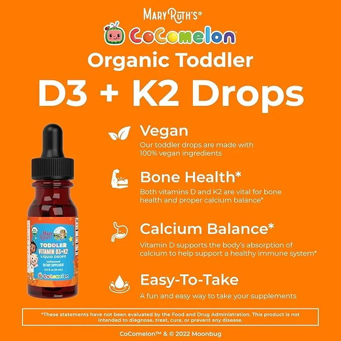 MaryRuth Organics CoComelon Vitamin D3 K2 Liquid Drops for Toddlers | Vitamin K2 D3 Supplement for Kids Ages 1-3 | Calcium...