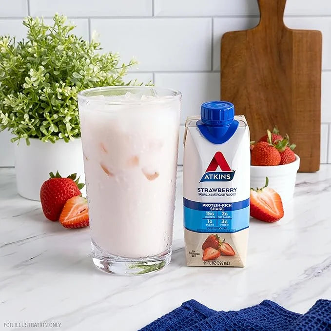 Atkins Strawberry Protein Shake, 15g Protein, Low Glycemic, 2g Net Carb, 1g Sugar, Keto Friendly, 12 Count - Product Image