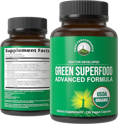 Organic Super Greens 150 Capsules - Green Juice Superfood Supplement with 25 All Natural Organic Ingredients. Max Energy a...