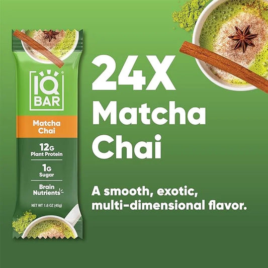IQBAR Brain and Body Plant Protein Bars - Matcha Chai - 24-Count Low Carb - Gluten Free, High Fiber, Vegan Snacks - Low Su...