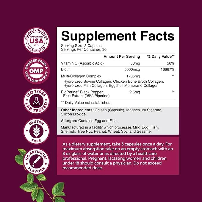 Advanced Multi Collagen Complex - Ageless Multi Collagen Peptides Supplements with Type 1 2 3 5 & X & Biotin for Hair, Ski...