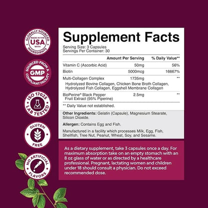 Advanced Multi Collagen Complex - Ageless Multi Collagen Peptides Supplements with Type 1 2 3 5 & X & Biotin for Hair, Ski...
