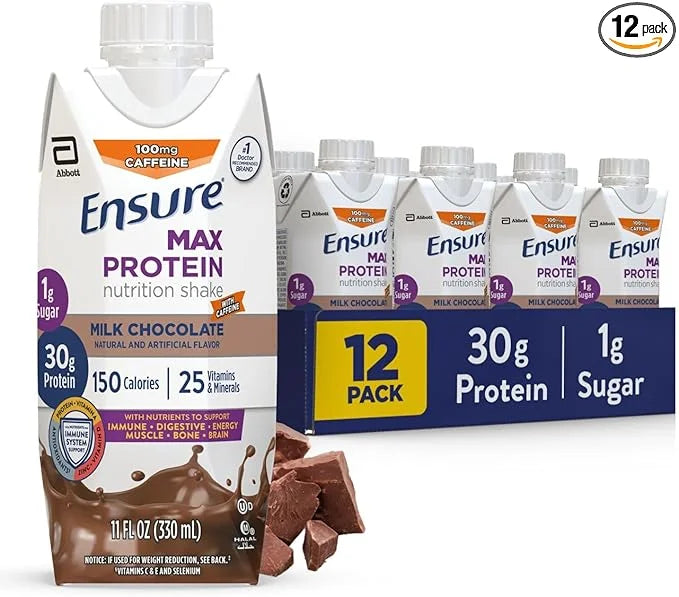 Ensure Max Protein Milk Chocolate with Caffeine Nutrition Shake | 30g Protein, 1g Sugar, 4g Fiber Blend | 12 Pack - Produc...