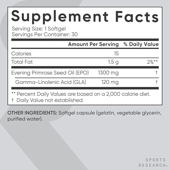 Sports Research Evening Primrose Supplement from Cold Pressed Oil - Softgels for Women’s Health & Skin Health - Gluten Fre...