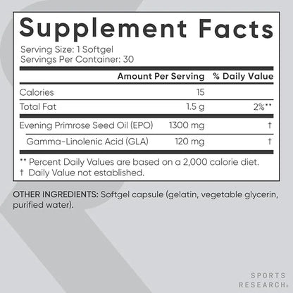 Sports Research Evening Primrose Supplement from Cold Pressed Oil - Softgels for Women’s Health & Skin Health - Gluten Fre...
